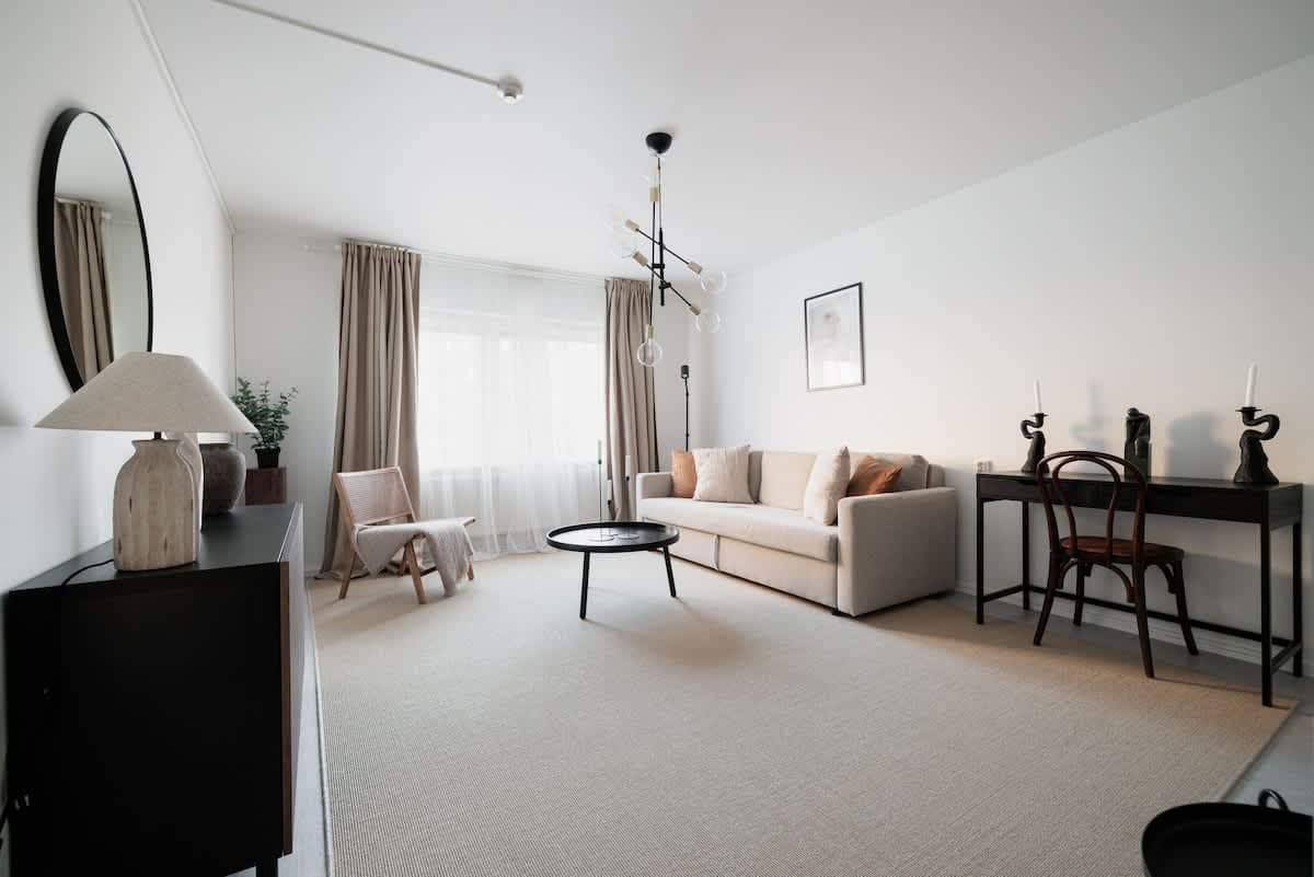 Studio apartment in Södermalm featuring double bed, sofa bed, kitchenette, dining area and storage
