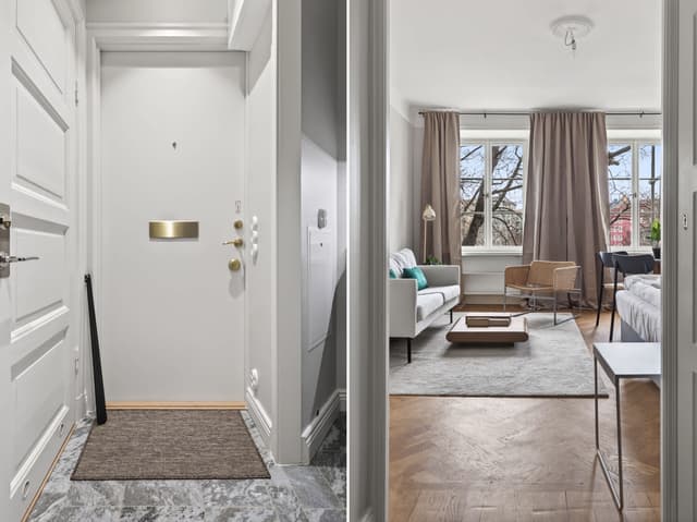 Mysig studiointeriör i St. Eriksplan, Stockholm, i ett historiskt hus.