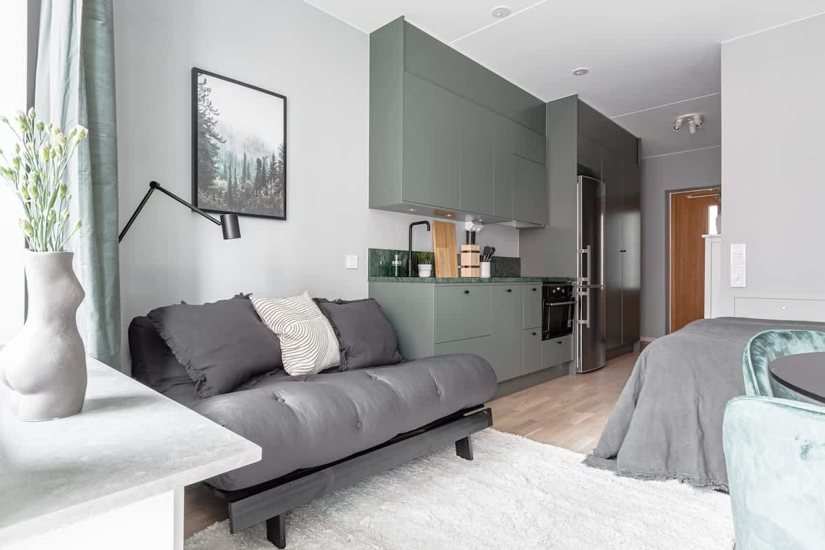 Stylish studio interior with balcony in Haga near Karolinska and Hagaparken