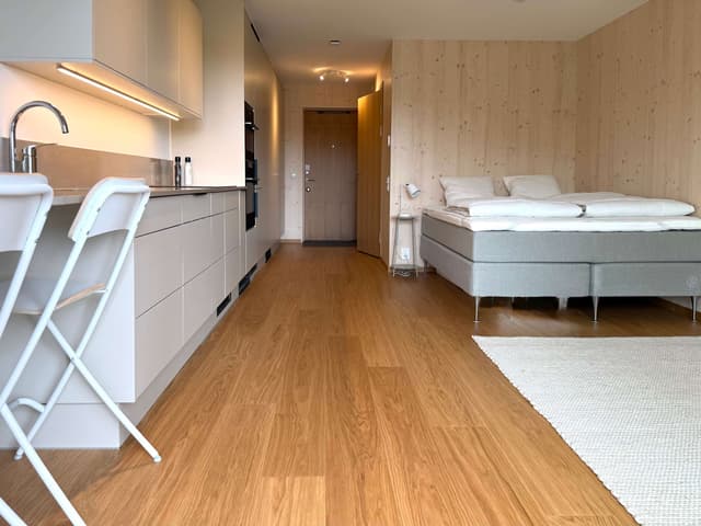 Modern studiointeriör på Kungsholmen, privat balkong för kaffestunder, stor innergård