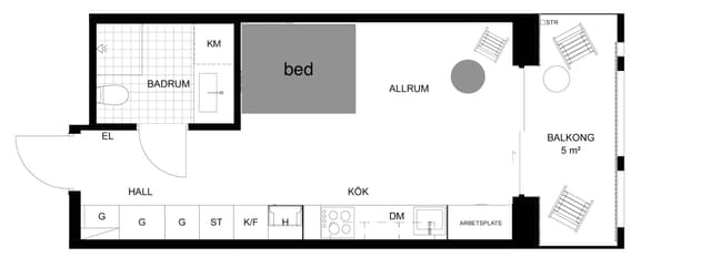 Modern studiointeriör på Kungsholmen, privat balkong för kaffestunder, stor innergård