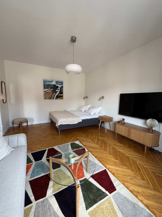 Mysig studiointeriör, pentryvy, sovdel, Sundbyberg Stockholmsförort.