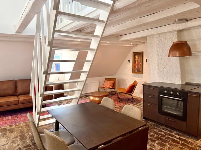 Ljust vardagsrum med konst, modernt kök, privat sovrum, loftsängar & takutsikt i Krakóws gamla stad