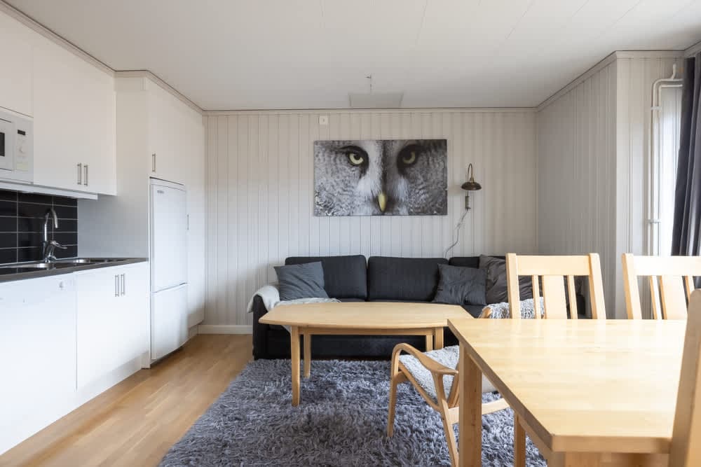 Vardagsrum och kök i Åre Fjällby lägenhet, master sovrum, barnrum med våningssäng, balkongutsikt