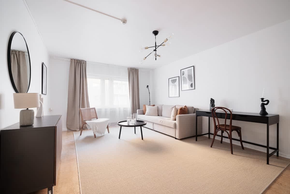 Studio apartment interior in SoFo Södermalm with minimalist design, near artisan boutiques and cafés.