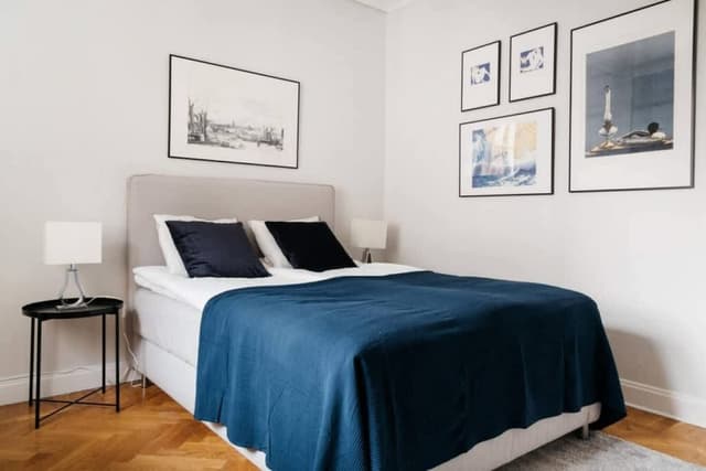 Interior of a snug studio near Mariatorget cafés and unique boutiques.